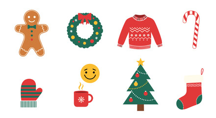 Fototapeta premium Collection of cute christmas holiday icons including gingerbread man wreath sweater and decorated xmas tree designs.