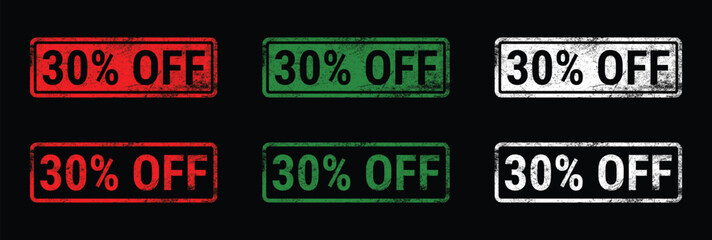Fototapeta premium sale discount stamp set grunge 30 percent off badge red green white vector collection
