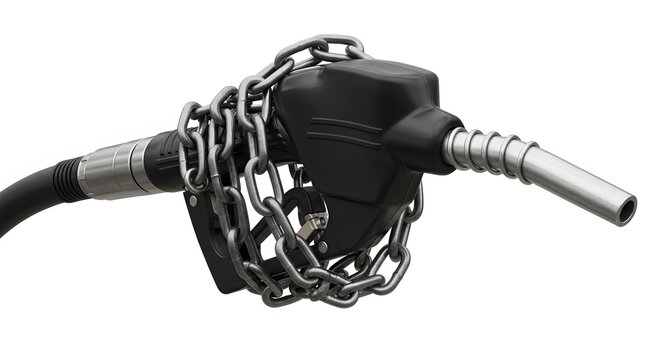 Fuel nozzle wrapped in heavy steel chains over white studio background.