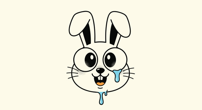 Cute cartoon white rabbit head with big expressive eyes and blue drool dripping from its mouth on a cream background.