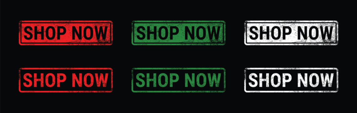 shop now grunge rubber stamp set red green white discount label on black background
