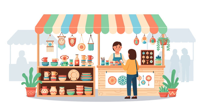 Customer buys handmade crafts at a vibrant market stall.