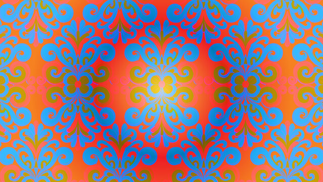 Blue damask pattern on a vibrant red and orange gradient background