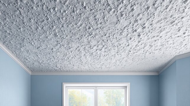 Detailed close-up of a light grey popcorn textured ceiling with scattered bumps, showing its rough surface above a blue wall and window.
