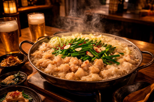 Traditional Japanese Motsunabe Hot Pot with Beef Offal and Leeks in Izakaya