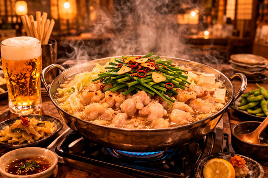 Traditional Japanese Motsunabe Hot Pot with Beef Offal and Leeks in Izakaya