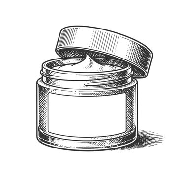 Vintage woodcut vector illustration of an open cosmetic cream jar for skincare marketing and beauty product catalog design elements
