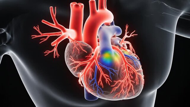 Anatomical 3D illustration of a human heart with glowing vessels inside a translucent chest cavity