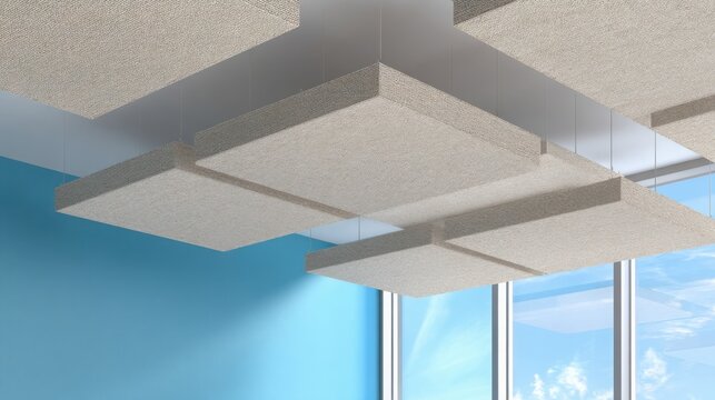 Modern light beige acoustic ceiling tiles with fine texture in interior space