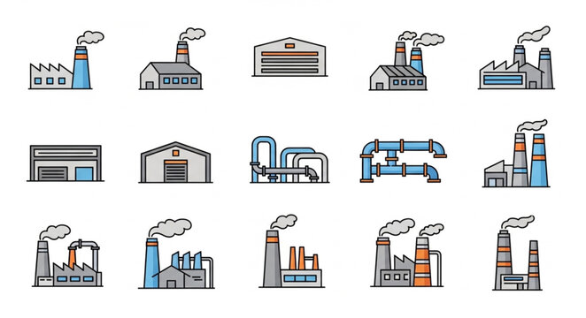 Collection of Industrial Factory Buildings with Smoke Stacks.