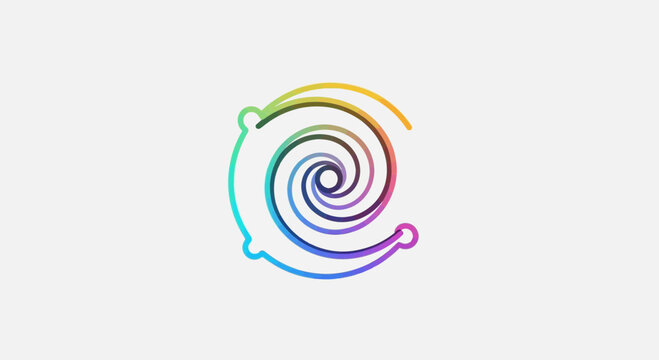 Abstract colorful swirling vortex logo, gradient rainbow colors, circular motion, digital art