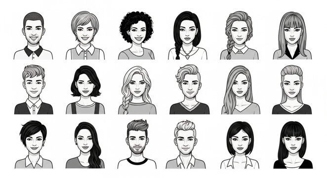 Diverse Group of People Portraits Hand Drawn Style.
