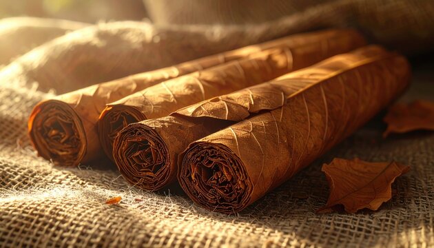 Rustic rolled tobacco leaves bundled for traditional crafting and smoking