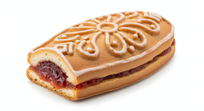 Traditional Russian Tula pryanik printed gingerbread cookie with sweet jam filling, perfectly isolated on a clean white background