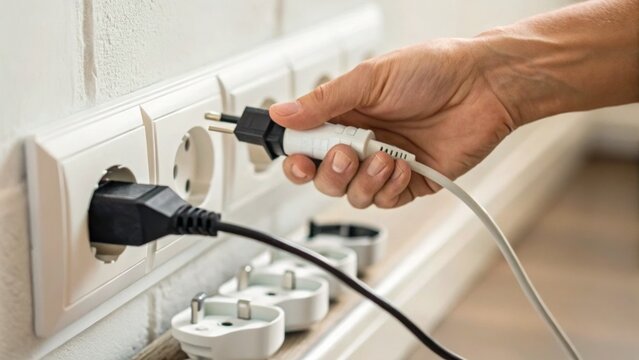 A hand is plugging an electrical cord into a wall socket, with multiple sockets visible and one other plug already connected.