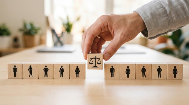 Hand Placing Justice Scales Block Between Wooden People Figures