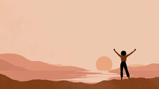 silhouette of a woman in the desert celebrating winning won happy joy lottery fun sun mountains space for copy text nature sand beige brown free