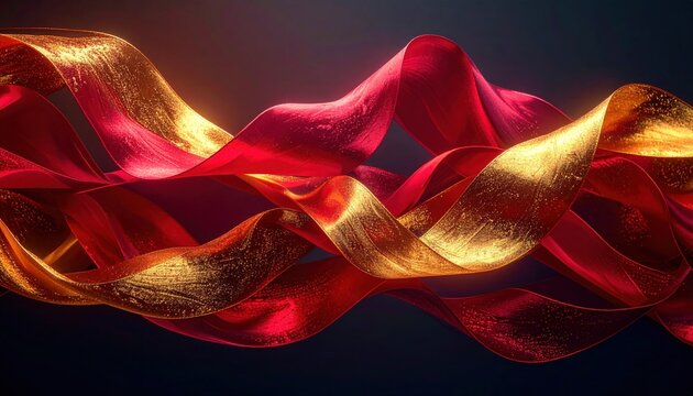 Flowing Abstract Ribbons of Red and Gold Fabric with Luxurious Texture