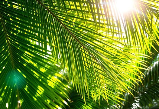 Vibrant green palm fronds, sunlight dappled, tropical lushness,  botany,  rainforest