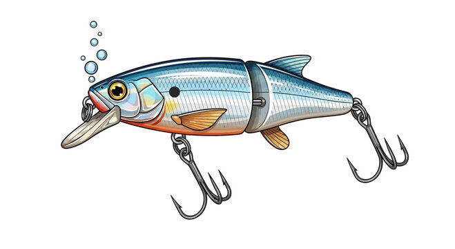 Realistic fishing lure designed as a segmented baitfish with treble hooks and bubbles