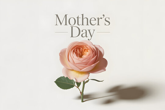 A single beautiful red rose with a green stem and leaf is isolated on a white background next to a blank paper gift card for a romantic Valentine Day floral blossom