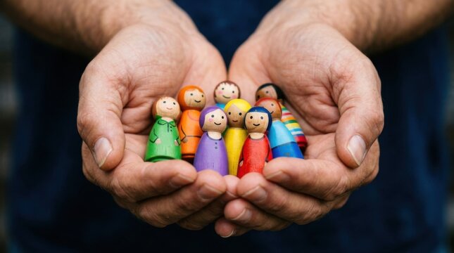 Cupped Hands Holding Group of Colorful Wooden People Figures