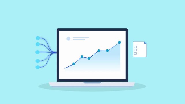 Animated business analytics dashboard on a laptop with a file document icon, representing data management, digital documents, reporting systems, and business workflow.