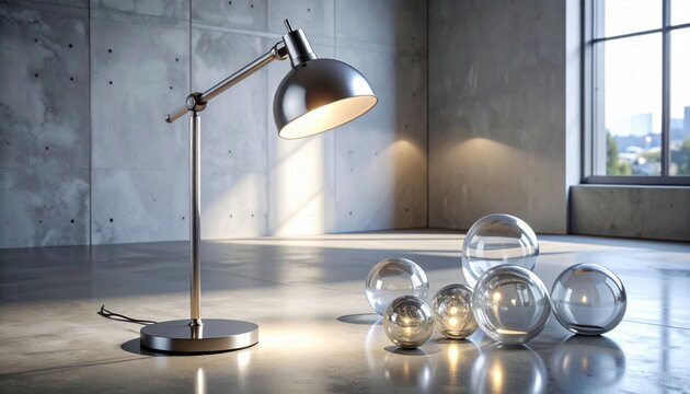 Sleek metallic desk lamp illuminating reflective glass spheres on a polished concrete floor