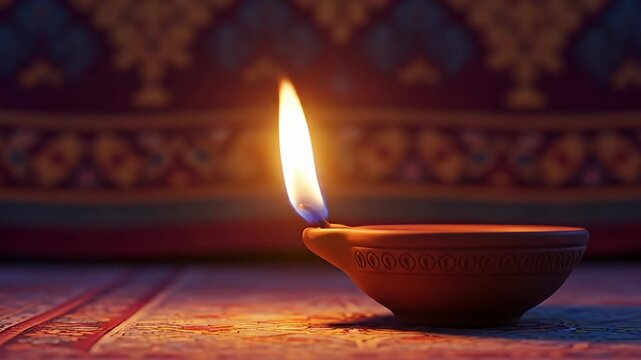 Glowing flame in a terracotta bowl atop ornately patterned surface; blurred tapestry backdrop