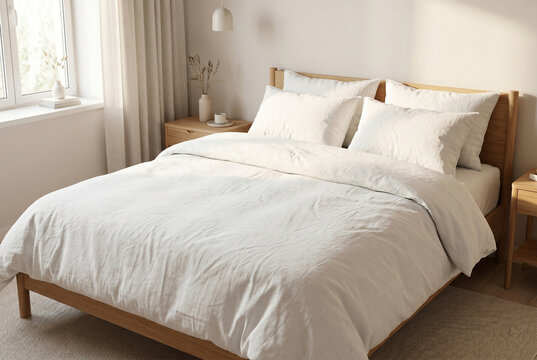 Cozy Minimal Bedroom Interior with Natural Light and Neutral Bedding