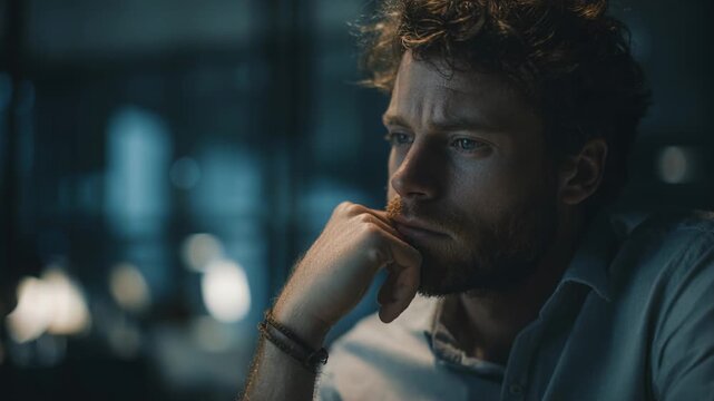 Pensive young man rests chin on hand in dimly lit office space