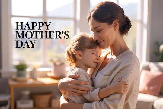 Happy Mother's Day greeting card, affectionate mother and daughter hugging at home, loving family moment with warm sunlight and soft interior
