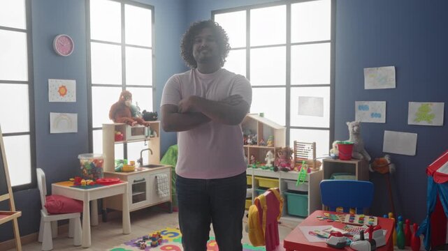 Man arms crossed standing amid toys and cubbies in a kindergarten building, young teacher smiling at camera; nurturing calm learning.