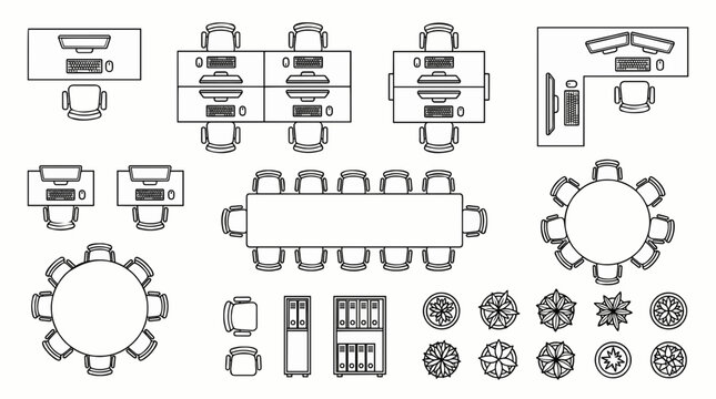 Office Workspace Top View Vector Set, Desk Layout Furniture Plan, Meeting Table Conference Room Floor Plan Isolated Transparent