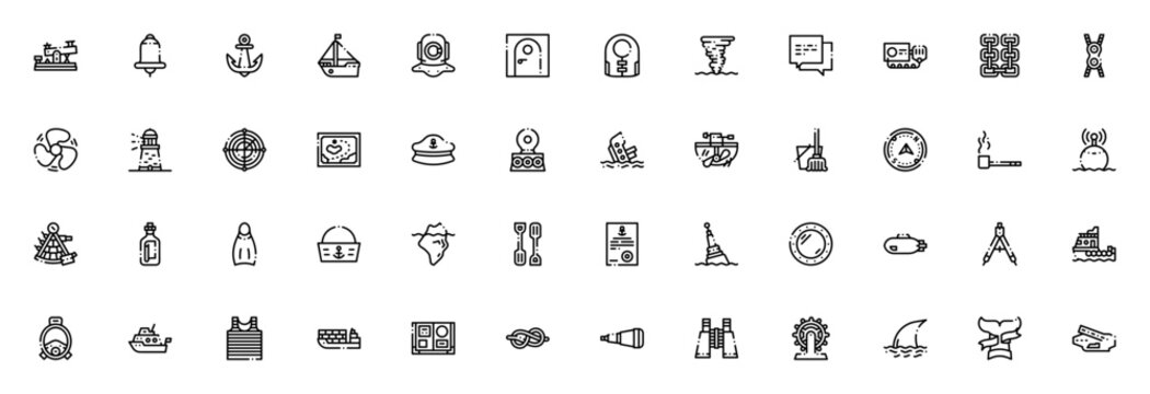 Sailor icon set. Nautical vector icons pack. Includes Morse code, anchor, ship, compass, lighthouse, radar, map, sailor hat, life vest, binoculars and more. Editable stroke.