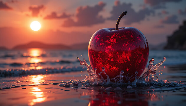 Apple merah refleksi matahari terbenam di pantai saat ombak menyentuh kulitnya
