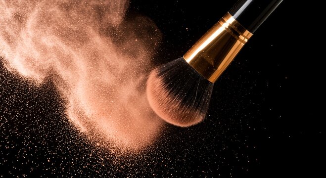 Closeup of a makeup brush creating a cloud of shimmering bronzer powder on a black background