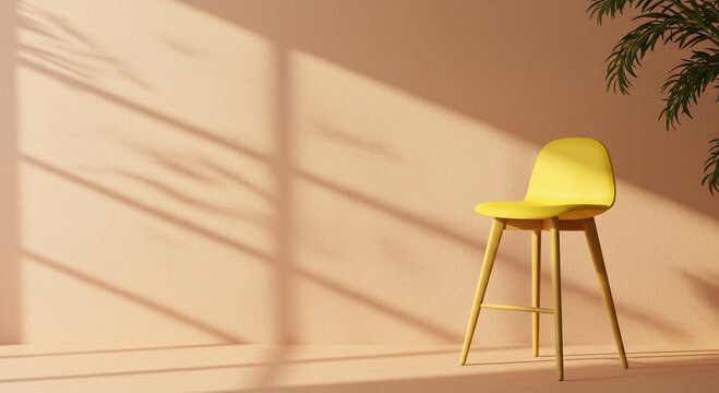 Modern minimalist yellow bar stool with wooden legs against a peach wall featuring tropical palm leaf shadows in bright sunlight