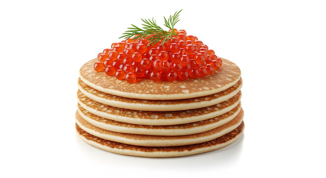 Gourmet stack of Russian blini pancakes topped with premium red caviar, isolated on a white background