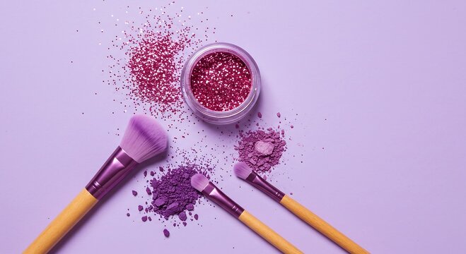 Vibrant pink glitter and purple makeup brushes with crushed eyeshadow create a dazzling beauty composition on a lavender background for cosmetics photography