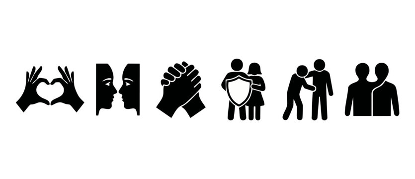 Human Relationship Icons Set, Empathy and Social Connection Symbols. Love, Trust, Care, Friendship, Protection, and Support Graphic Illustrations isolated on white background for web and mobile design