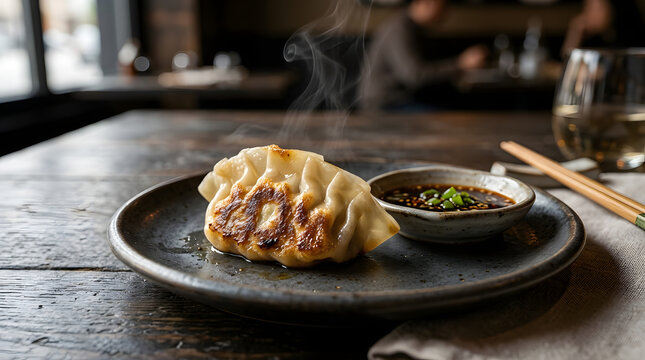 Delicious pan fried dumplings served with dipping sauce on a rustic wooden table in a restaurant setting with steam rising from the food