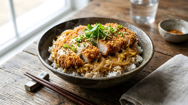 Delicious Crispy Breaded Chicken Cutlet Served Over Fluffy White Rice Topped With Savory Sauce And Fresh Green Herbs Ready To Eat