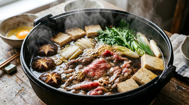 Delicious hot pot meal with thin sliced beef tofu napa cabbage mushrooms and green onions simmering on a rustic wooden table steam rising from the