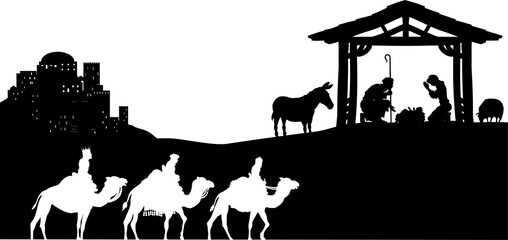 Obraz premium A Christmas nativity scene with baby Jesus in the manger, wise men and city of Bethlehem in the background