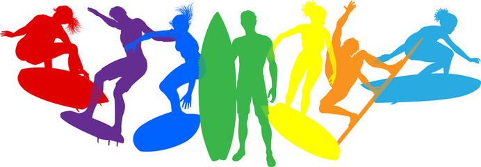 Obraz premium Surfer surfboard boarding male and female surfers surfing colorful silhouette outlines. Men and women surf group design concept. 