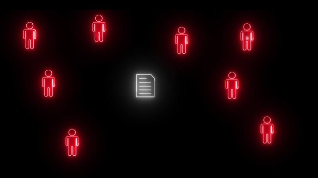 Figures scattered across dark background with glowing white document icons in center. Data network technology with community teamwork and information sharing. Futuristic digital business concept.