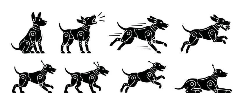 Robot Dog Icon Set, Mechanical Cybernetic Puppy Characters in Various Poses and Actions, Black Vector Silhouettes on White Background for Technology, Artificial Intelligence and Modern Digital Design