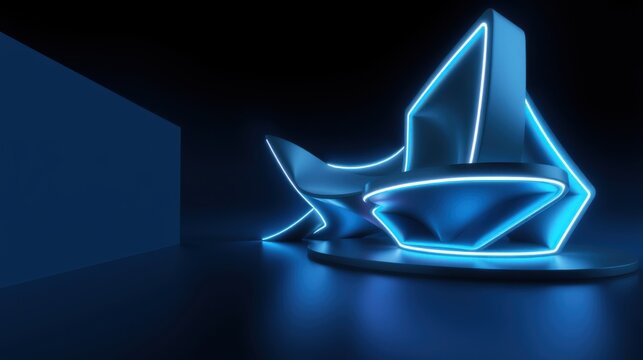 Futuristic neon sculpture glows within dark room. Abstract shapes create dramatic lighting effects, modern design.