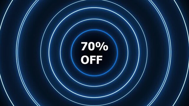 Seventy percent off sale announcement with glowing blue concentric circles. Sale discount offer with percent icon and neon glowing blue circle. Modern retail marketing concept.